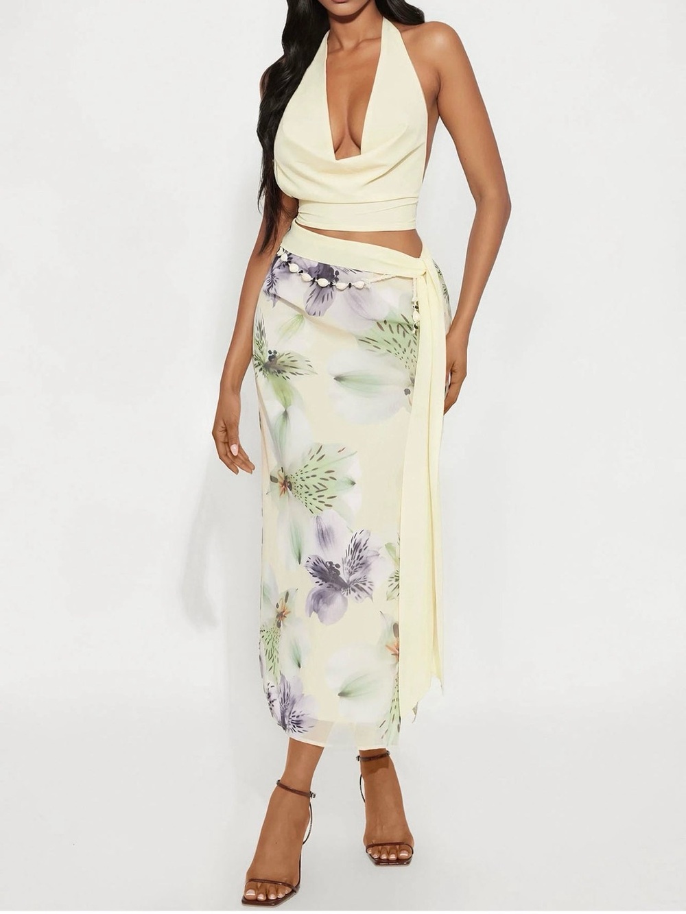 Light Yellow Halter Swim Top with Floral Sarong